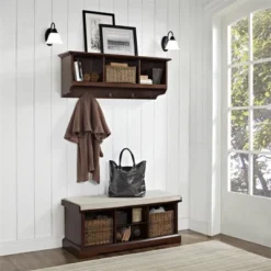 Wood 2 Piece Entryway Bench And Shelf Set In Mahogany Brown--Bowery Hill