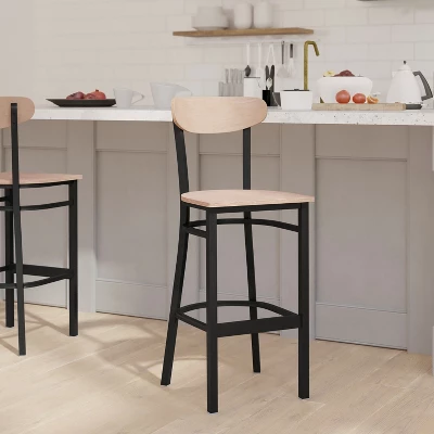 Emma And Oliver Industrial Barstool With Rolled Steel Frame And Solid Wood Seat - 500 Lbs. Static Weight Capacity 3 Emma And Oliver Industrial Barstool With Rolled Steel Frame And Solid Wood Seat - 500 Lbs. Static Weight Capacity