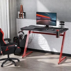 HOMCOM 48 Inch Gaming Desk With Large Tabletop, Racing Computer Desk With Cup Holder And Headphone Hook, Black / Red