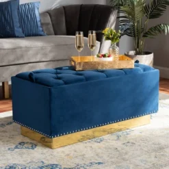 Powell Velvet Fabric Upholstered And PU Leather Ottoman Gold/Blue - Baxton Studio -Homcom Crosley Shop GUEST a432f300 1d49 4004 99de 0ccd7a46a32e
