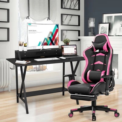 Costway Gaming Desk&Massage Gaming Chair Set W/ Footrest Monitor Shelf Power Strip Pink 4 Costway Gaming Desk&Massage Gaming Chair Set W/ Footrest Monitor Shelf Power Strip Pink - Image 2