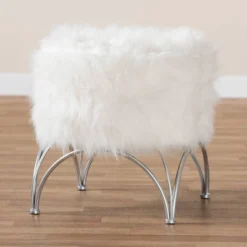 Celia Faux Fur Upholstered Silver Metal Ottoman White/Silver - Baxton Studio -Homcom Crosley Shop GUEST a764237c 52c1 4c28 acb6 04078233bd6e