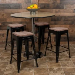 Emma And Oliver 24" High Metal Counter-Height, Indoor Bar Stool With Wood Seat - Stackable Set Of 4