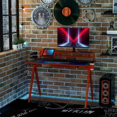 HOMCOM 53" Gaming Desk, Racing Computer Desk With Monitor Shelf, Gamepad Rack, Cup Holder, Headphone Hook, And Cable Basket, Red 4 HOMCOM 53" Gaming Desk, Racing Computer Desk With Monitor Shelf, Gamepad Rack, Cup Holder, Headphone Hook, And Cable Basket, Red - Image 2