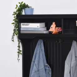 HOMCOM Hall Tree For Entryway, Coat Rack Shoe Bench With Bottom Storage, 4 Metal Double Hooks And 2 Shelves For Hallway, Living Room, Black 11 HOMCOM Hall Tree For Entryway, Coat Rack Shoe Bench With Bottom Storage, 4 Metal Double Hooks And 2 Shelves For Hallway, Living Room, Black -Homcom Crosley Shop GUEST ab610a1e 49ce 4e28 8b70 b611c80e5f9f