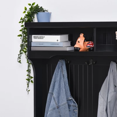 HOMCOM Hall Tree For Entryway, Coat Rack Shoe Bench With Bottom Storage, 4 Metal Double Hooks And 2 Shelves For Hallway, Living Room, Black 7 HOMCOM Hall Tree For Entryway, Coat Rack Shoe Bench With Bottom Storage, 4 Metal Double Hooks And 2 Shelves For Hallway, Living Room, Black - Image 5