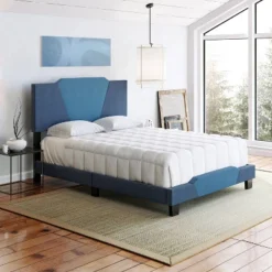 Full Sydney Color Block Blue/Ocean Linen Upholstered Platform Bed Blue - Eco Dream -Homcom Crosley Shop GUEST ac9e7f67 696b 46a0 8c5b 2c7d1efad0fb