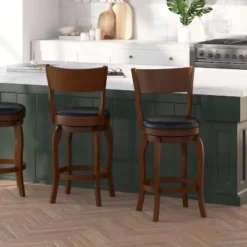 Merrick Lane 24" Classic Wooden Open Back Swivel Counter Height Pub Stool With Upholstered Padded Seat And Integrated Footrest