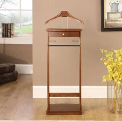 Kingsman Suit With Drawer Top Tray Contour Hanger Trouser Bar Valet Stand Walnut - Proman Products