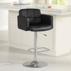 Studio 55D Chrome Swivel Bar Stool 32 3/4" High Modern Black Faux Leather Cushion Adjustable For Kitchen Counter Height Island