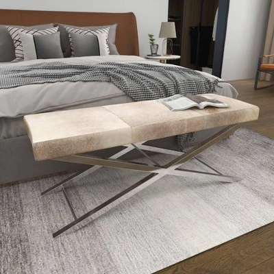 Contemporary Stainless Steel Cowhide X-Bench Beige - Olivia & May 5 Contemporary Stainless Steel Cowhide X-Bench Beige - Olivia & May - Image 3