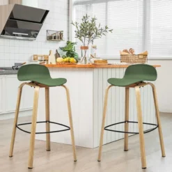Costway Set Of 2 Counter Height Bar Stools W/Footrest&Solid Metal Legs YellowGreen