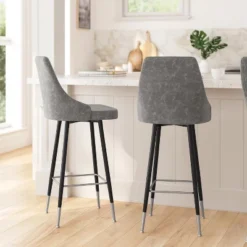 Merrick Lane Modern Upholstered Dining Stools With Chrome Accented Metal Frames And Footrests