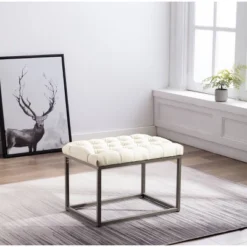 24" Button Tufted Metal Ottoman - WOVENBYRD -Homcom Crosley Shop GUEST c68a5bce 9d91 4efe 8bbb fcb43fbd4fb2