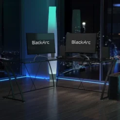 BlackArc Gaming Desk With Clear Glass Top And Black Powder Coated Metal Frame - L-Shaped 79" Diagonal Width - 8mm Tempered Glass