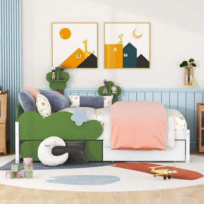 Twin Size Bed With Grass Hill And Trees Decor, White+Green - ModernLuxe 3 Twin Size Bed With Grass Hill And Trees Decor, White+Green - ModernLuxe