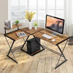 Tangkula L-Shaped Corner Desk Computer Gaming Table With Monitor Stand &Host Tray Black/Antique/Walnut
