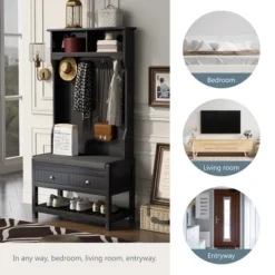 33.5" 3-in-1 Design Hall Tree With 4 Hooks, Coat Hanger And Entryway Storage Bench - ModernLuxe -Homcom Crosley Shop GUEST d3bc2c7b 4e88 4487 8f74 b7ef501a876e