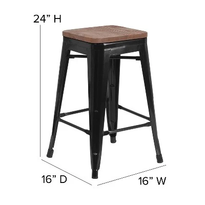 Emma And Oliver 24"H Backless Black Metal Counter Height Stool With Wood Seat 6 Emma And Oliver 24"H Backless Black Metal Counter Height Stool With Wood Seat - Image 4