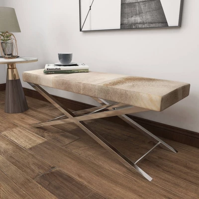 Contemporary Stainless Steel Cowhide X-Bench Beige - Olivia & May 20 Contemporary Stainless Steel Cowhide X-Bench Beige - Olivia & May - Image 18