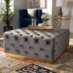 Verene Velvet Upholstered Square Cocktail Ottoman Gray/Gold - Baxton Studio -Homcom Crosley Shop GUEST dcf1b2f4 f87b 43ae 9d1a 4f6fc546c71d