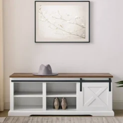 48" Transitional Sliding Barn Door Wood Bench White/Rustic Oak - Saracina Home -Homcom Crosley Shop GUEST e41a4a30 a485 4b73 8d3c 341bfba78996