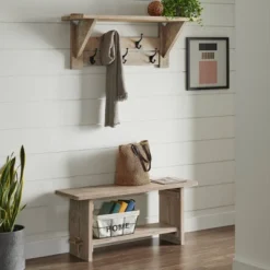 40" Castleton Mango Wood Bench And Coat Hook With Shelf Driftwood - Alaterre Furniture