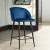 55 Downing Street Black Bar Stool 26" High Modern Blue Velvet Upholstered With Backrest Footrest For Kitchen Counter Height Island