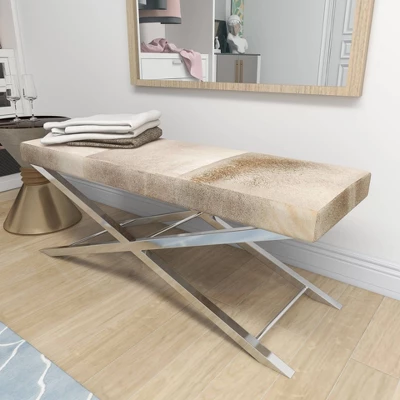 Contemporary Stainless Steel Cowhide X-Bench Beige - Olivia & May 8 Contemporary Stainless Steel Cowhide X-Bench Beige - Olivia & May - Image 6