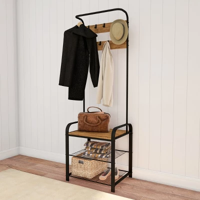 Hastings Home Entryway Bench With Coat Rack, Seat, Hooks, And Shoe Storage, Brown 4 Hastings Home Entryway Bench With Coat Rack, Seat, Hooks, And Shoe Storage, Brown - Image 2