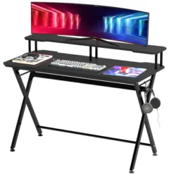 HOMCOM 55 Inch Gaming Desk Racing Style Computer Office PC Gamer Workstation With Elevated Monitor Stand, Headphone Hook, Black -Homcom Crosley Shop GUEST faffd4c2 5bd9 4c12 be8d fda795e32607