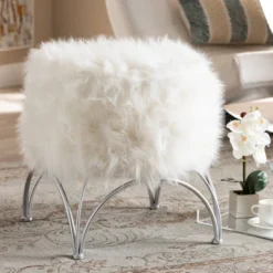 Celia Faux Fur Upholstered Silver Metal Ottoman White/Silver - Baxton Studio -Homcom Crosley Shop GUEST fb6abb88 a5b2 40e2 b423 e82a2808b68b