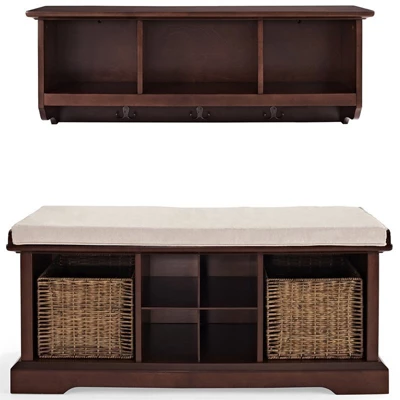 Wood 2 Piece Entryway Bench And Shelf Set In Mahogany Brown--Bowery Hill 4 Wood 2 Piece Entryway Bench And Shelf Set In Mahogany Brown--Bowery Hill - Image 2