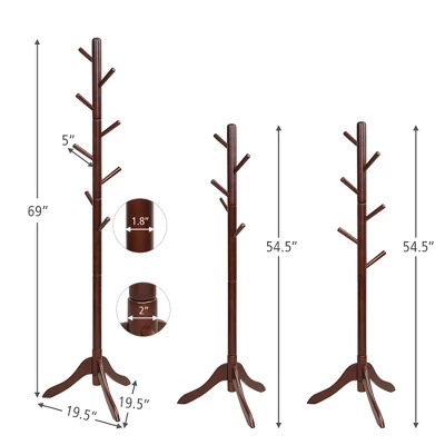 Costway Wooden Coat Rack Stand Entryway Hall Tree 2 Adjustable Height W/ 8 Hooks GrayBrown 4 Costway Wooden Coat Rack Stand Entryway Hall Tree 2 Adjustable Height W/ 8 Hooks GrayBrown - Image 2